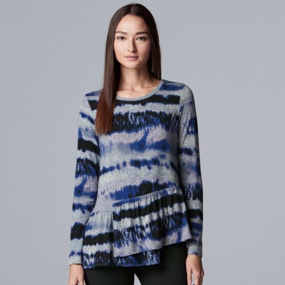 NEW Simply Vera Wang Ruffle Top Gray Blue Print S - Picture 1 of 7
